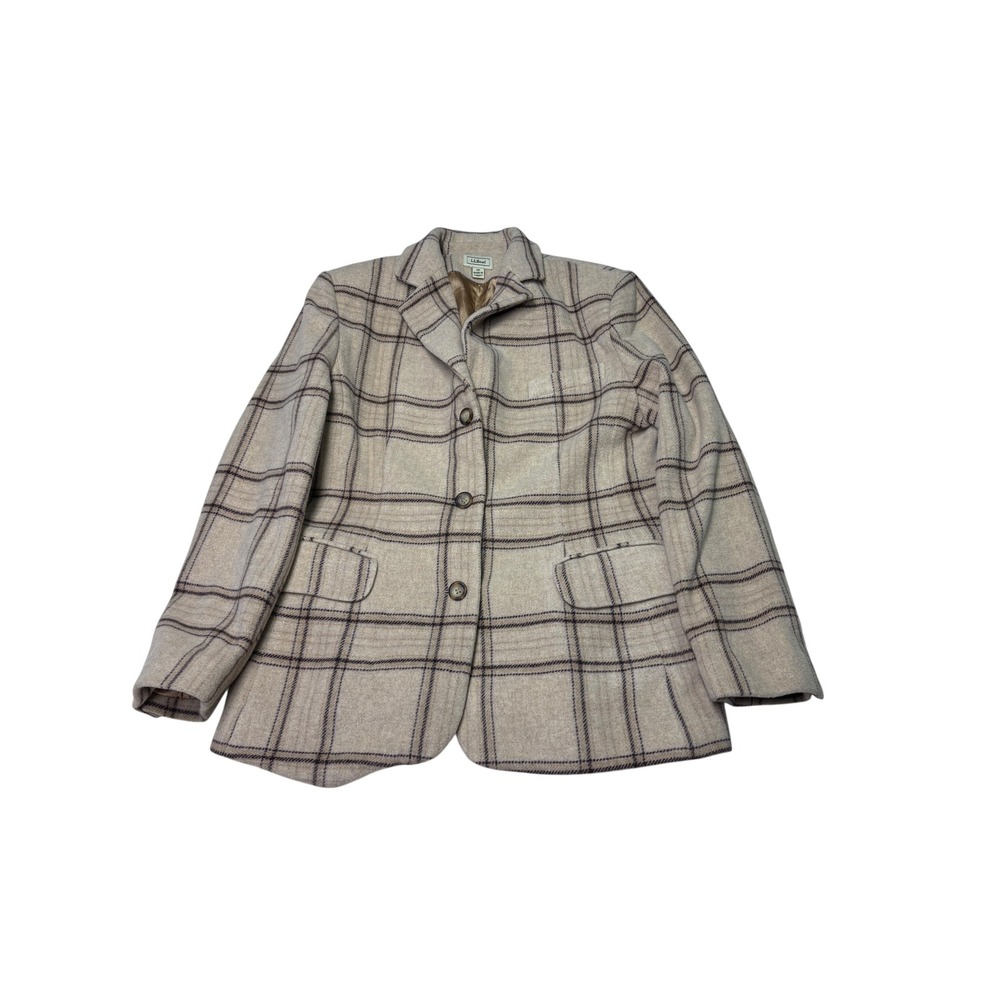 LL Bean Wool Cashmere Plaid Blazer Jacket Beige Tan 10P Petite 0WL13